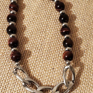 Red Tiger's Eye and Stainless Steel Bracelet